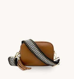 The Tassel Tan Leather Crossbody Bag With Cappuccino Dots Strap