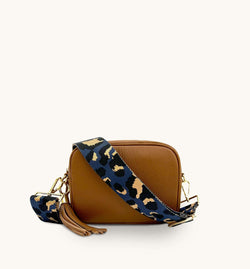The Tassel Tan Leather Crossbody Bag With Navy Leopard Strap