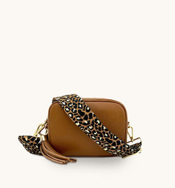 The Tassel Tan Leather Crossbody Bag With Tan Cheetah Strap