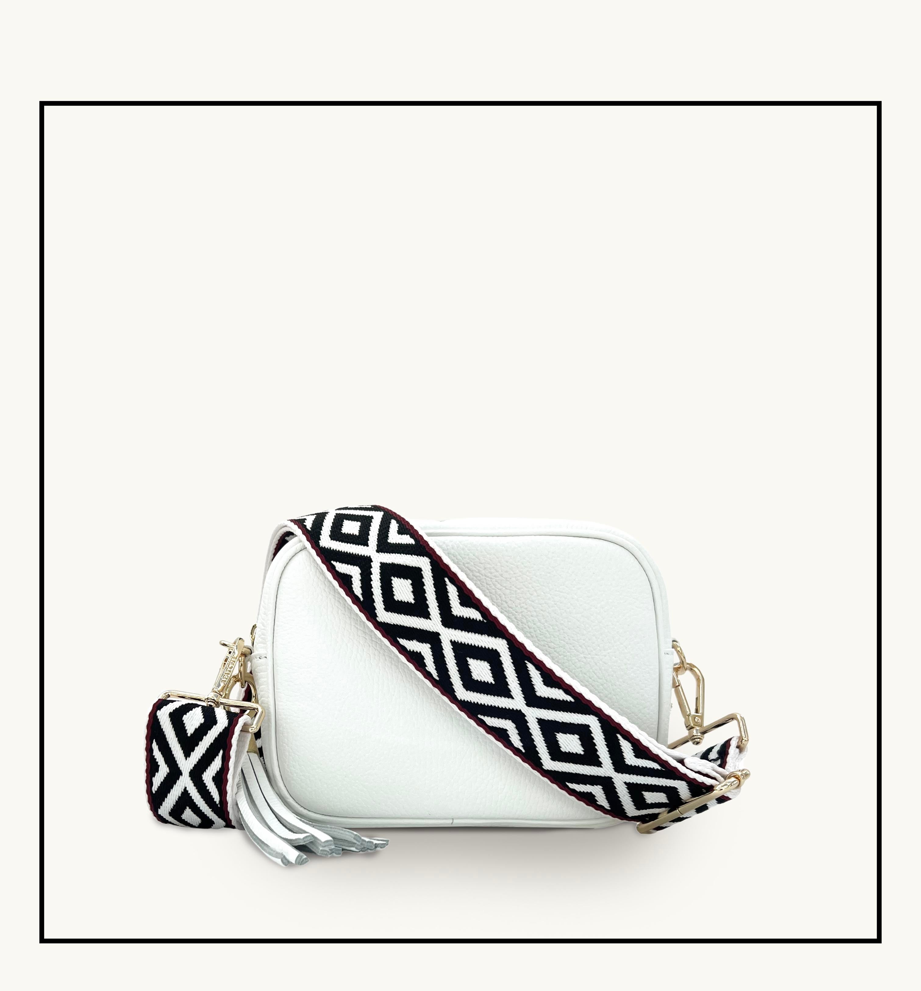 The Tassel White Leather Crossbody Bag With Black & Red Aztec Strap