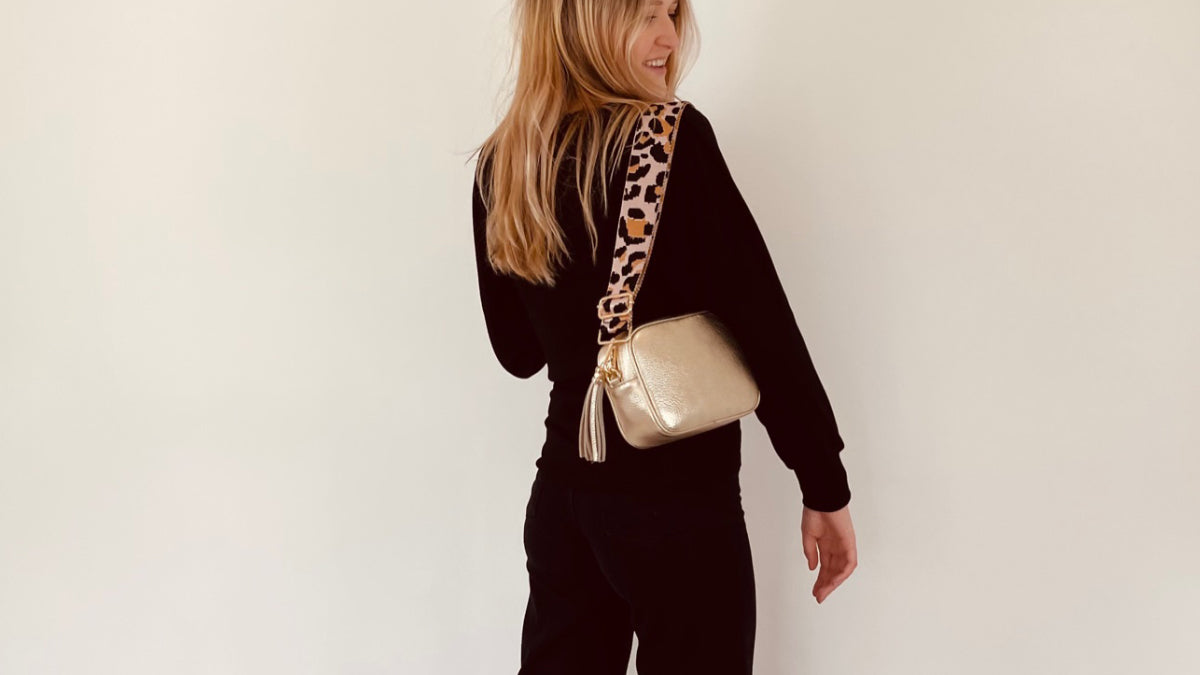 The Tassel Gold Leather Crossbody Bag With Navy Leopard Strap