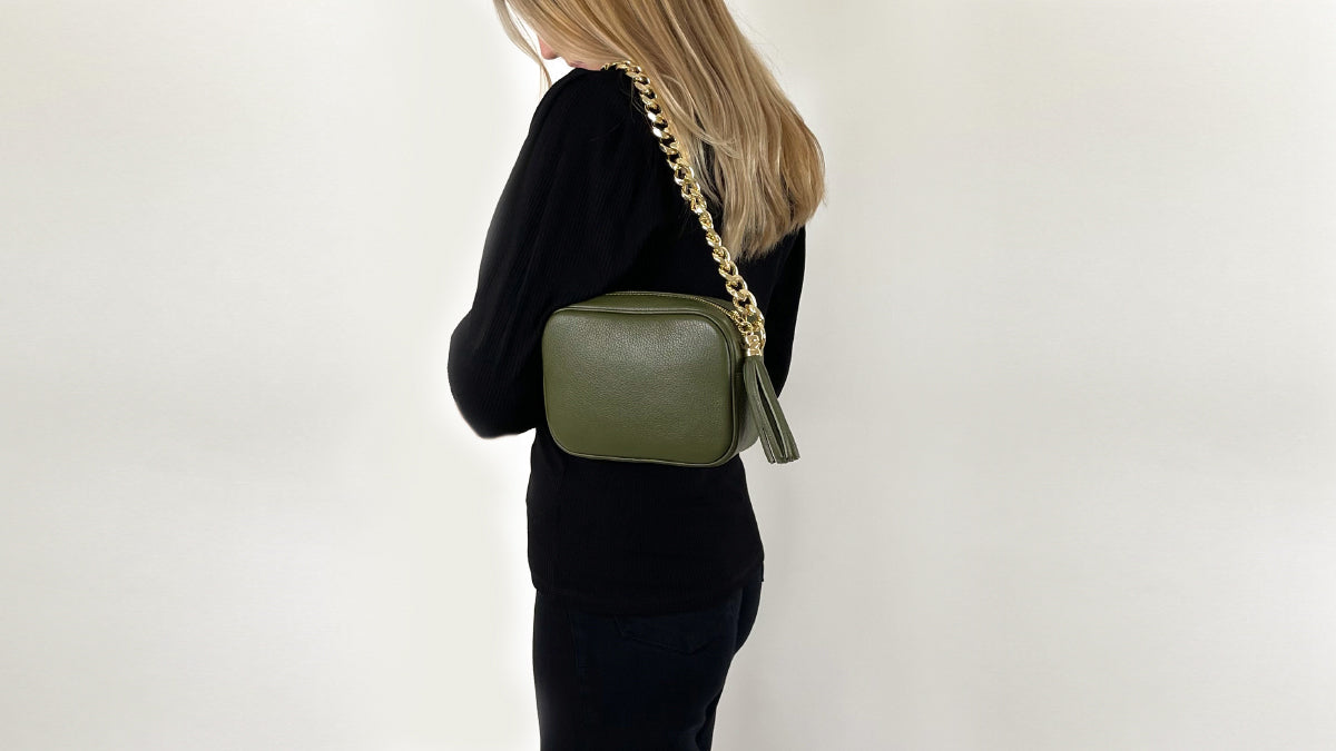 The Tassel Olive Green Leather Crossbody Bag With Gold Chain Strap