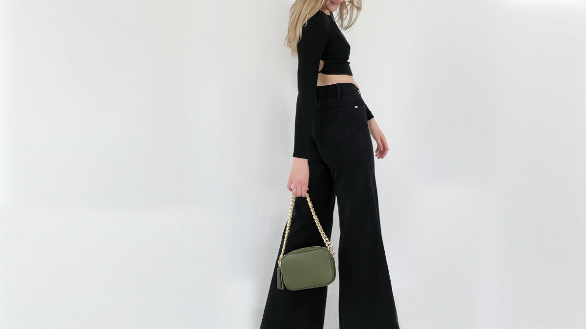 The Tassel Olive Green Leather Crossbody Bag With Gold Chain Strap