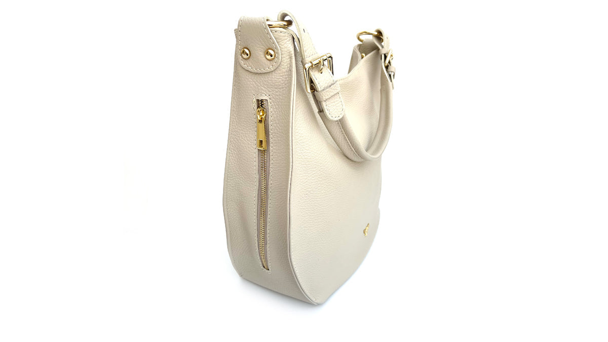 The Harriet Stone Leather Bag With Olive Green Arrow Strap