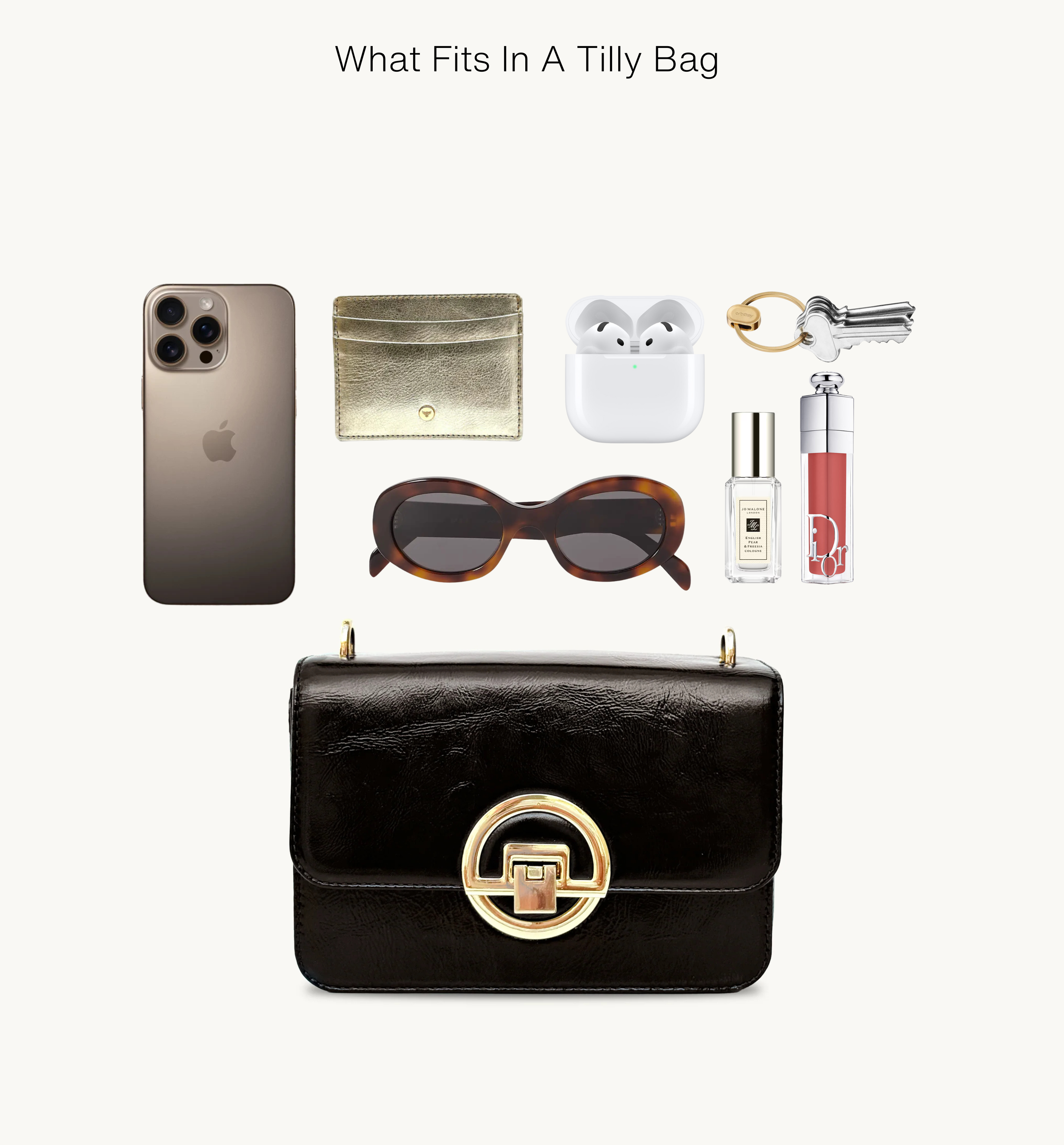 Black handbag with items like phone, wallet, sunglasses, and lip products displayed above it on a white background.