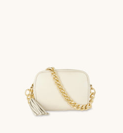 The Tassel Stone Leather Crossbody Bag With Gold Chain Strap