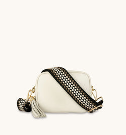 The Tassel Stone Leather Crossbody Bag With Cappuccino Dots Strap