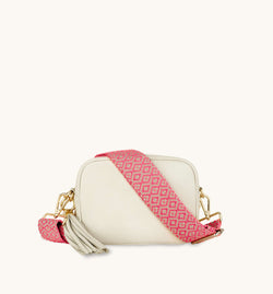 The Tassel Stone Leather Crossbody Bag With Neon Pink Cross-Stitch Strap