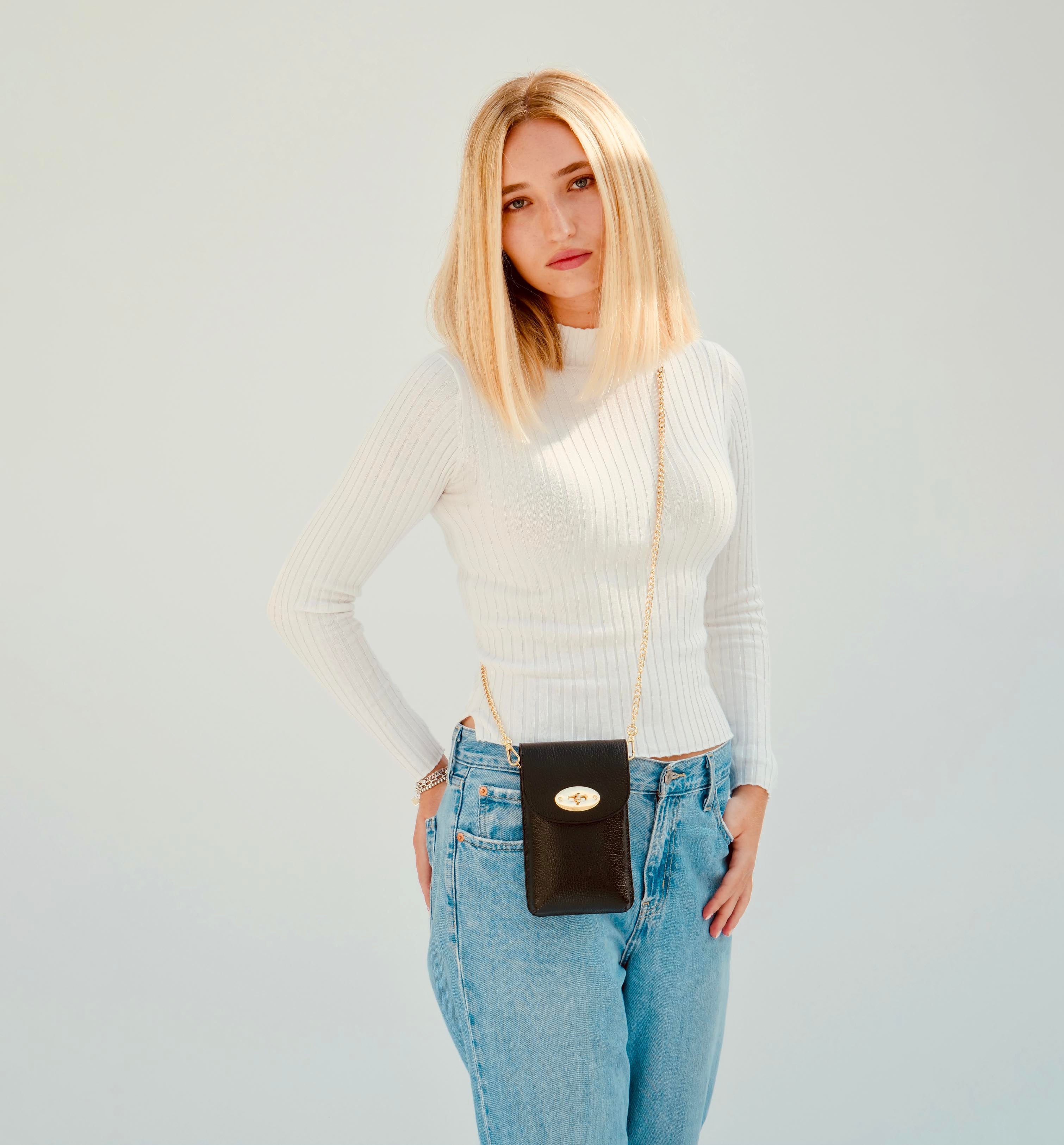 The Frankie Black Leather Phone Bag