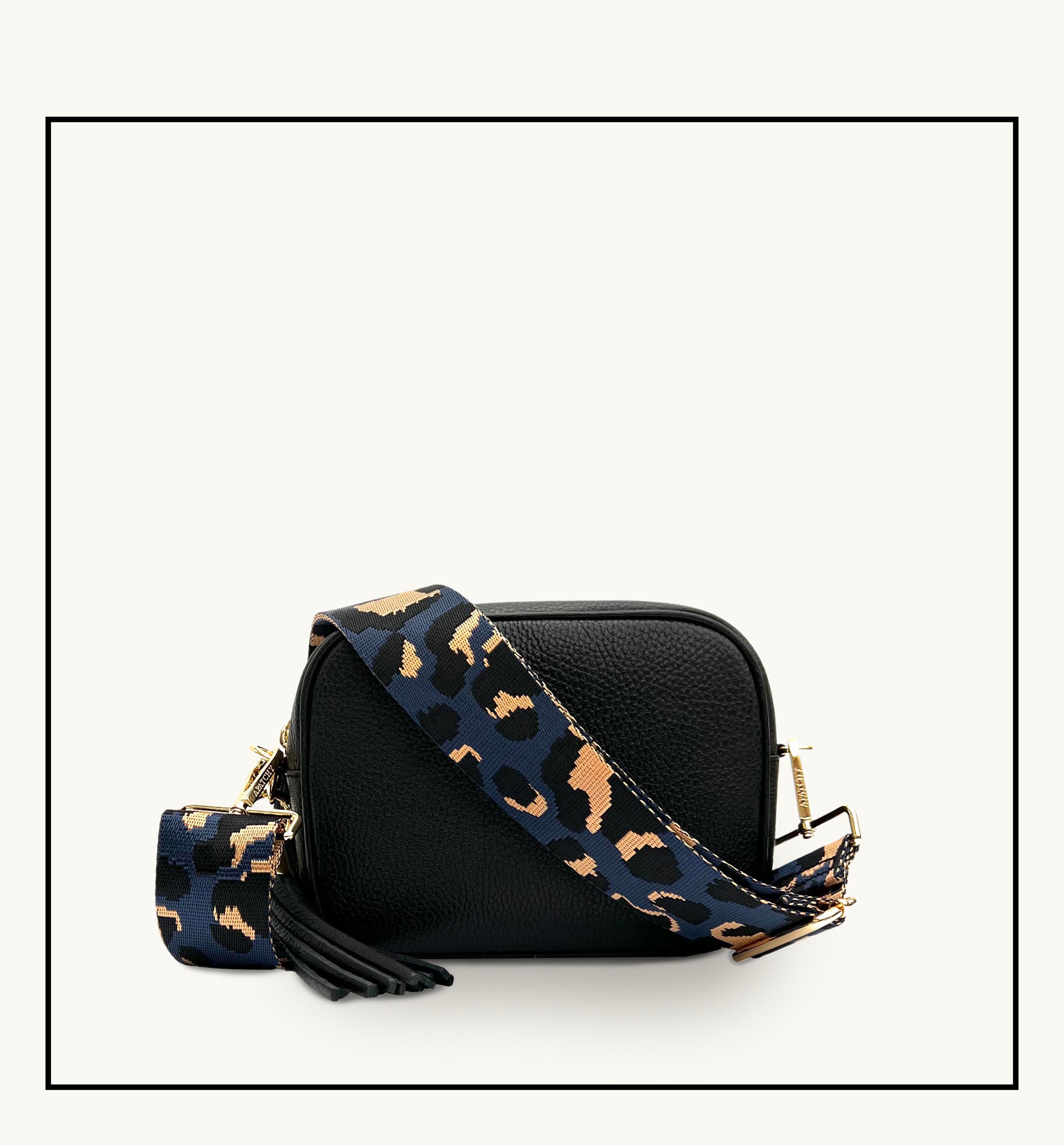 The Tassel Black Leather Crossbody Bag With Navy Leopard Strap