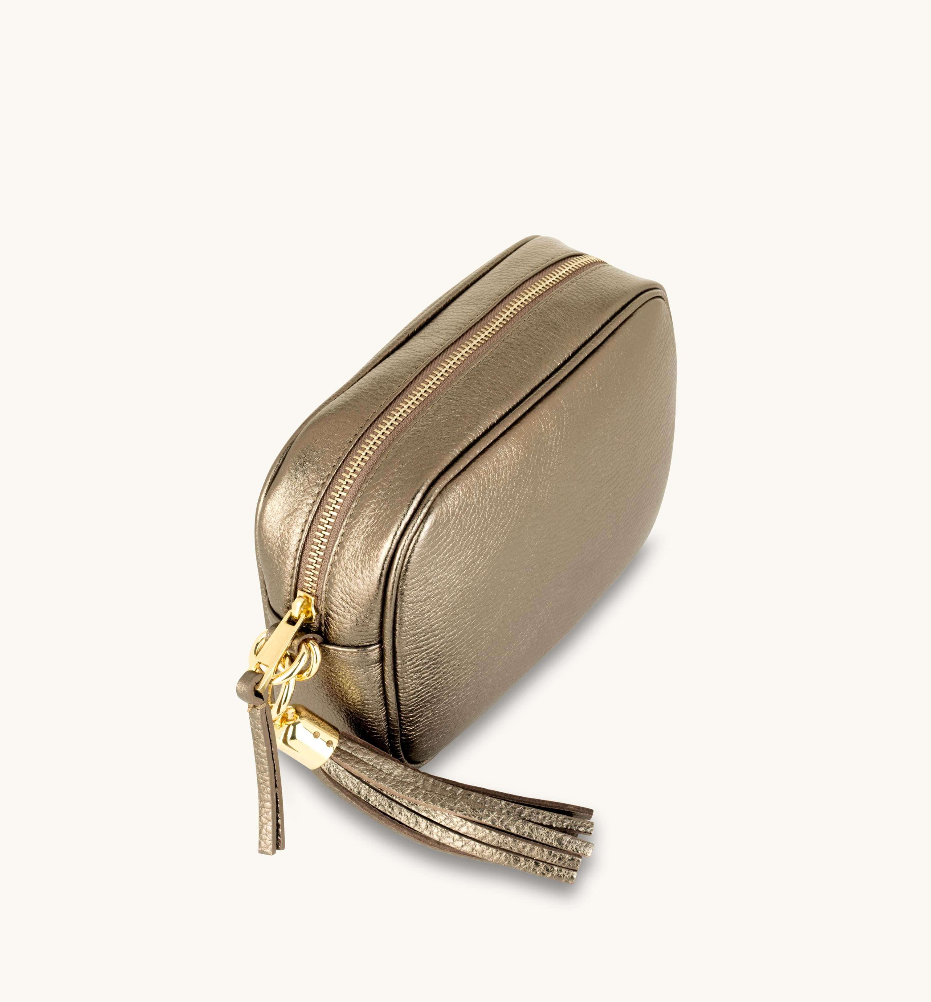 The Tassel Bronze Leather Crossbody Bag With Gold Chain Strap
