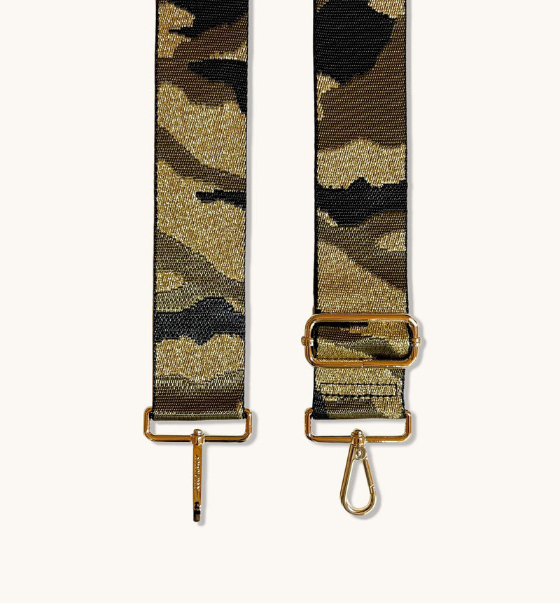 The Harriet Black Leather Bag With Green & Gold Camo Strap
