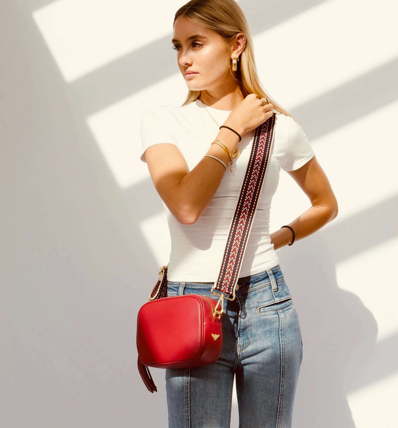 Cherry Red Leather Crossbody Bag With Navy Boho Strap
