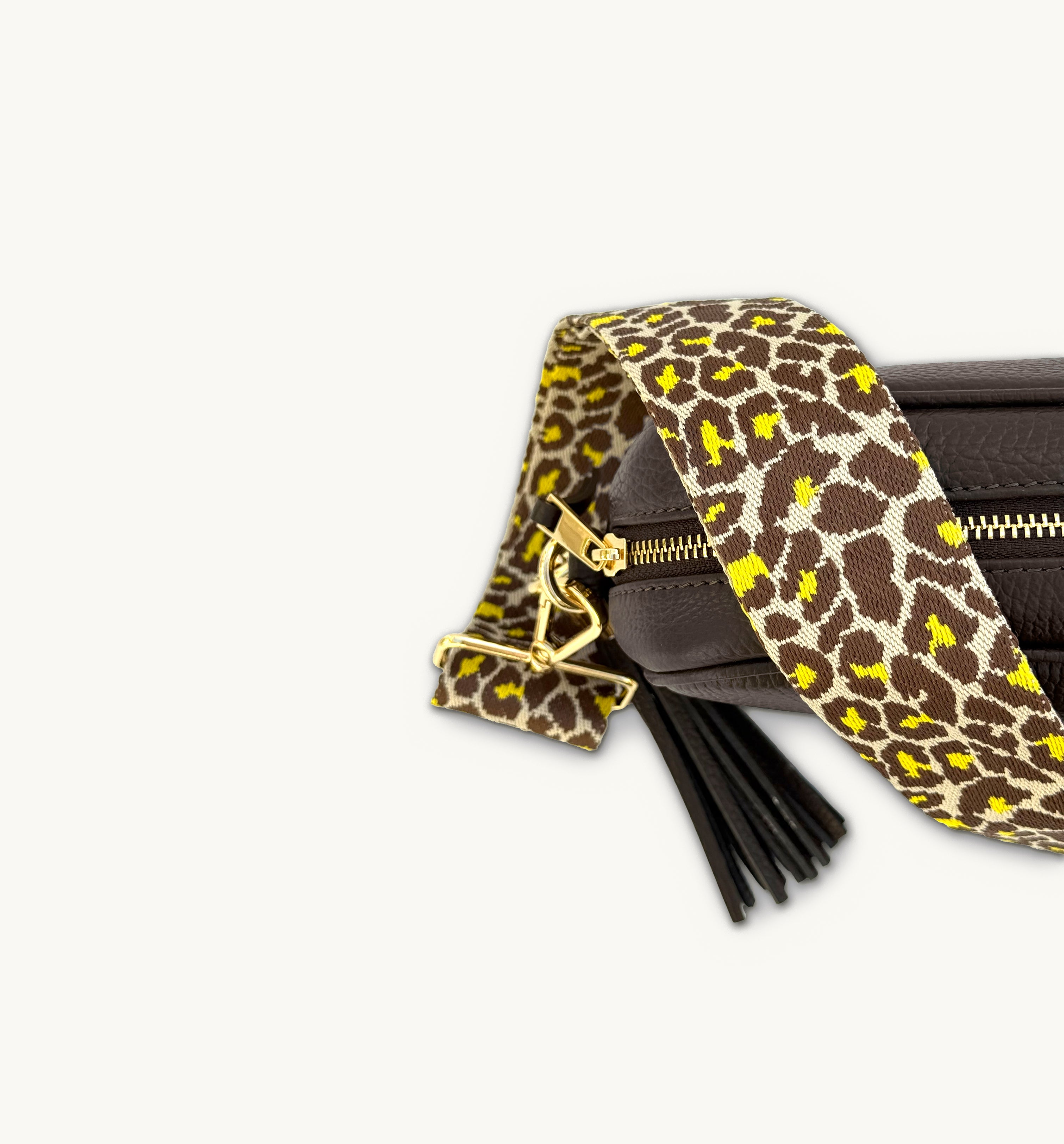 The Tassel Chocolate Leather Crossbody Bag With Lemon Cheetah Strap