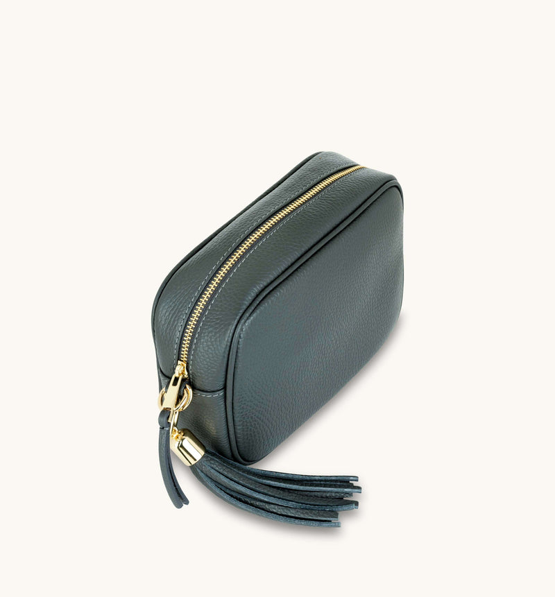 Dark Grey Leather Crossbody Bag With Navy Boho Strap