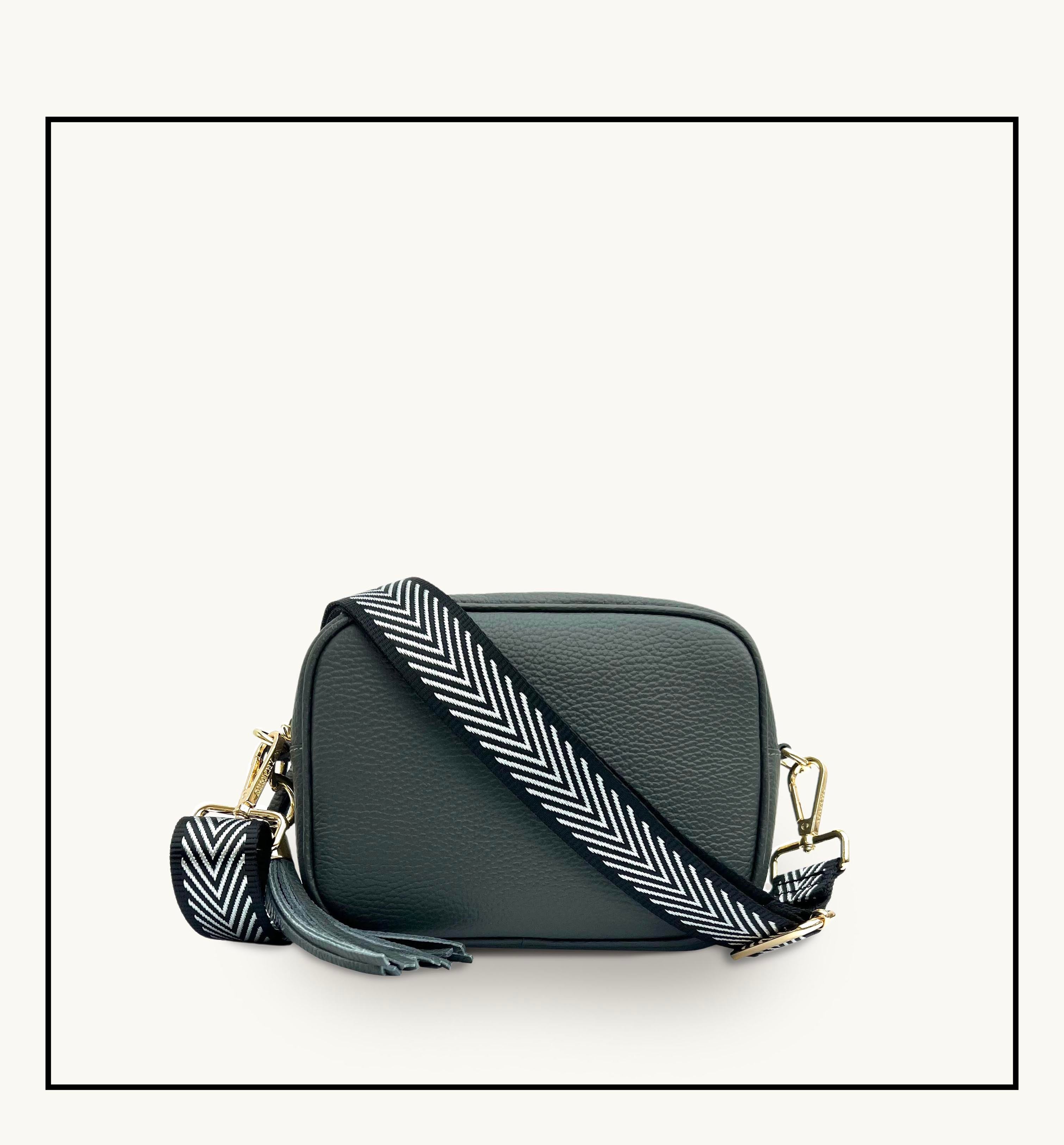 The Tassel Dark Grey Leather Crossbody Bag With Black & Silver Chevron Strap