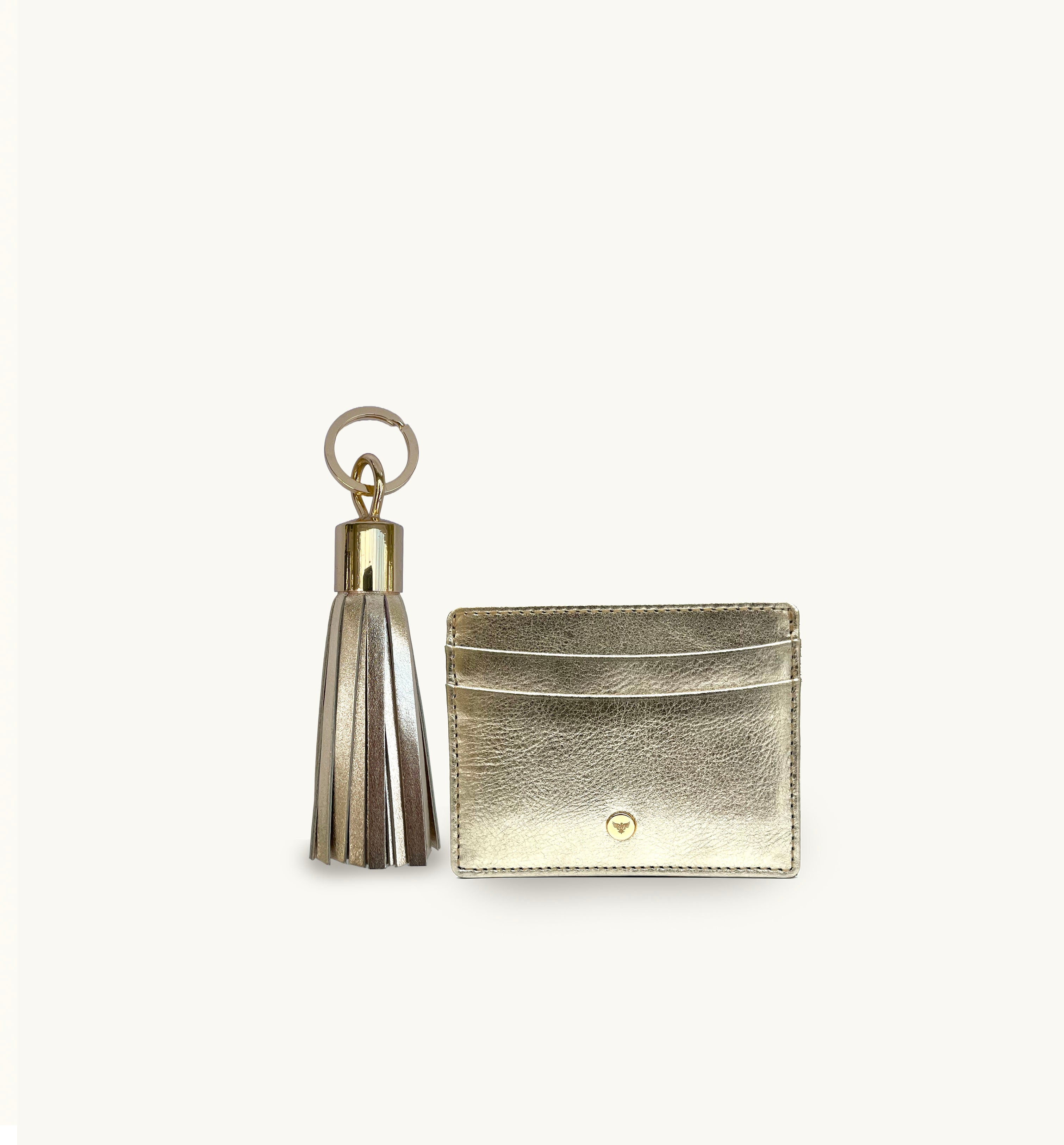 Gold Leather Cardholder and Tassel Keyring Gift Set