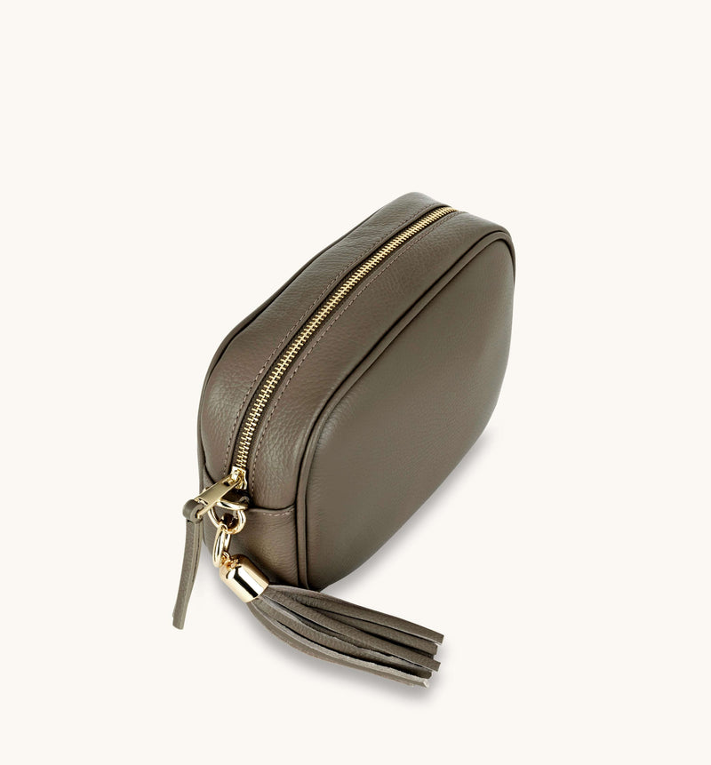 Latte Leather Crossbody Bag With Black & Gold Chevron Strap