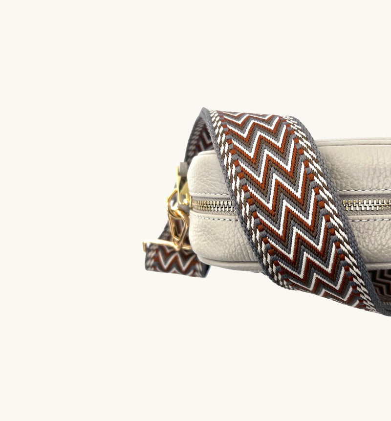 Light Grey Leather Crossbody Bag With Tan Boho Strap