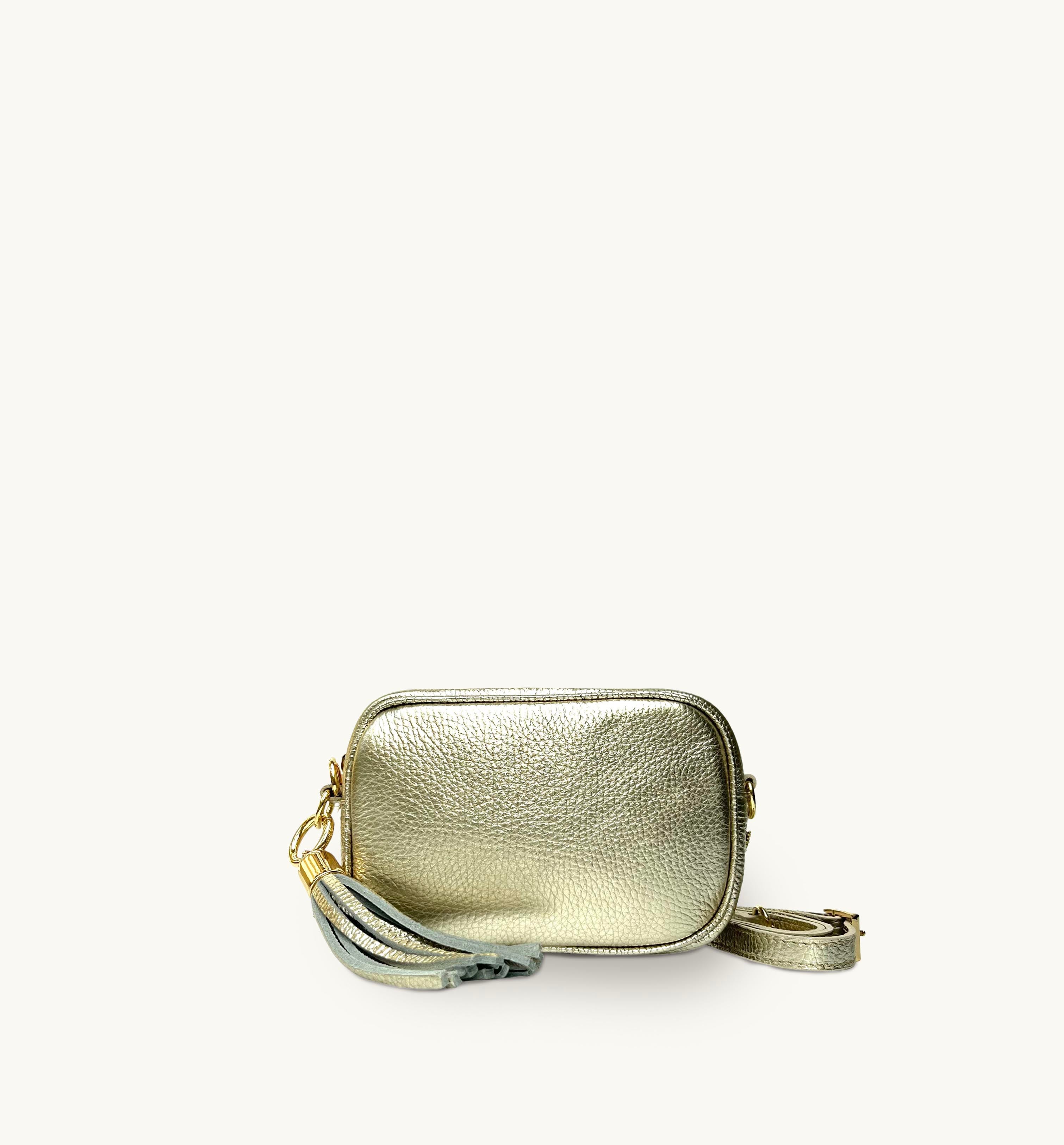 The Mini Tassel Gold Leather Phone Bag With Pale Pink Leopard Strap