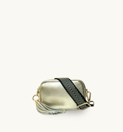 The Mini Tassel Gold Leather Phone Bag With Black & Gold Chevron Strap