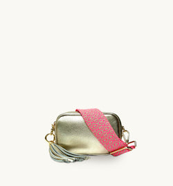The Mini Tassel Gold Leather Phone Bag With Neon Pink Cross-Stitch Strap