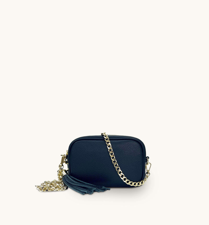 Apatchy Mini Navy Leather Phone Bag With Gold Chain Crossbody Strap