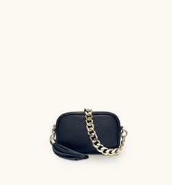 The Mini Tassel Black Leather Phone Bag With Gold Chain Strap