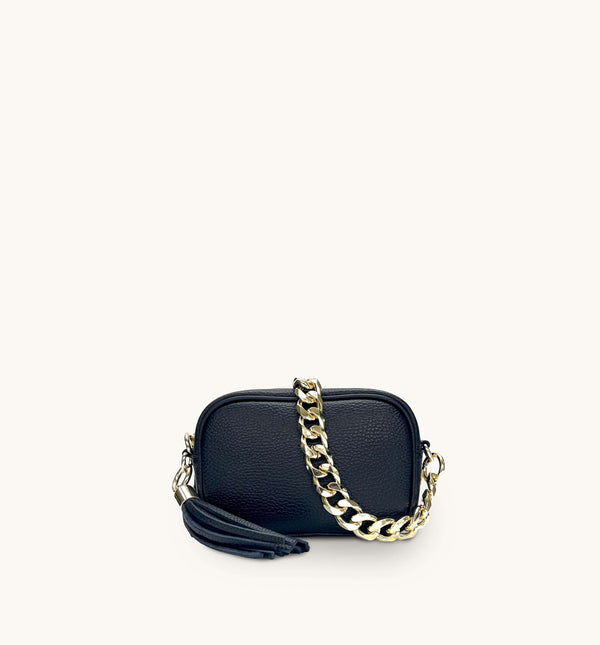 Apatchy Mini Black Leather Phone Bag With Gold Chain Strap