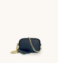 The Mini Tassel Black Leather Phone Bag With Gold Chain Crossbody Strap
