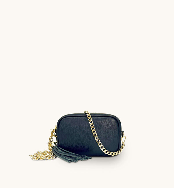 Apatchy Mini Black Leather Phone Bag With Gold Chain Crossbody Strap