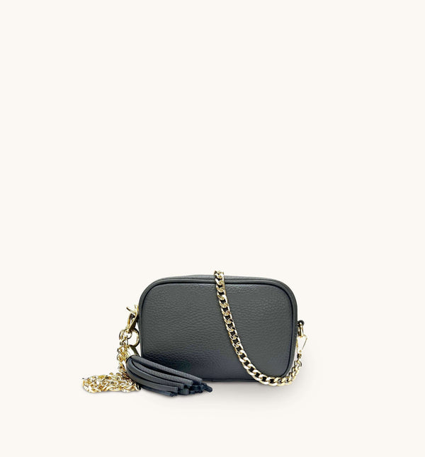 Apatchy Mini Dark Grey Leather Phone Bag With Gold Chain Crossbody Strap