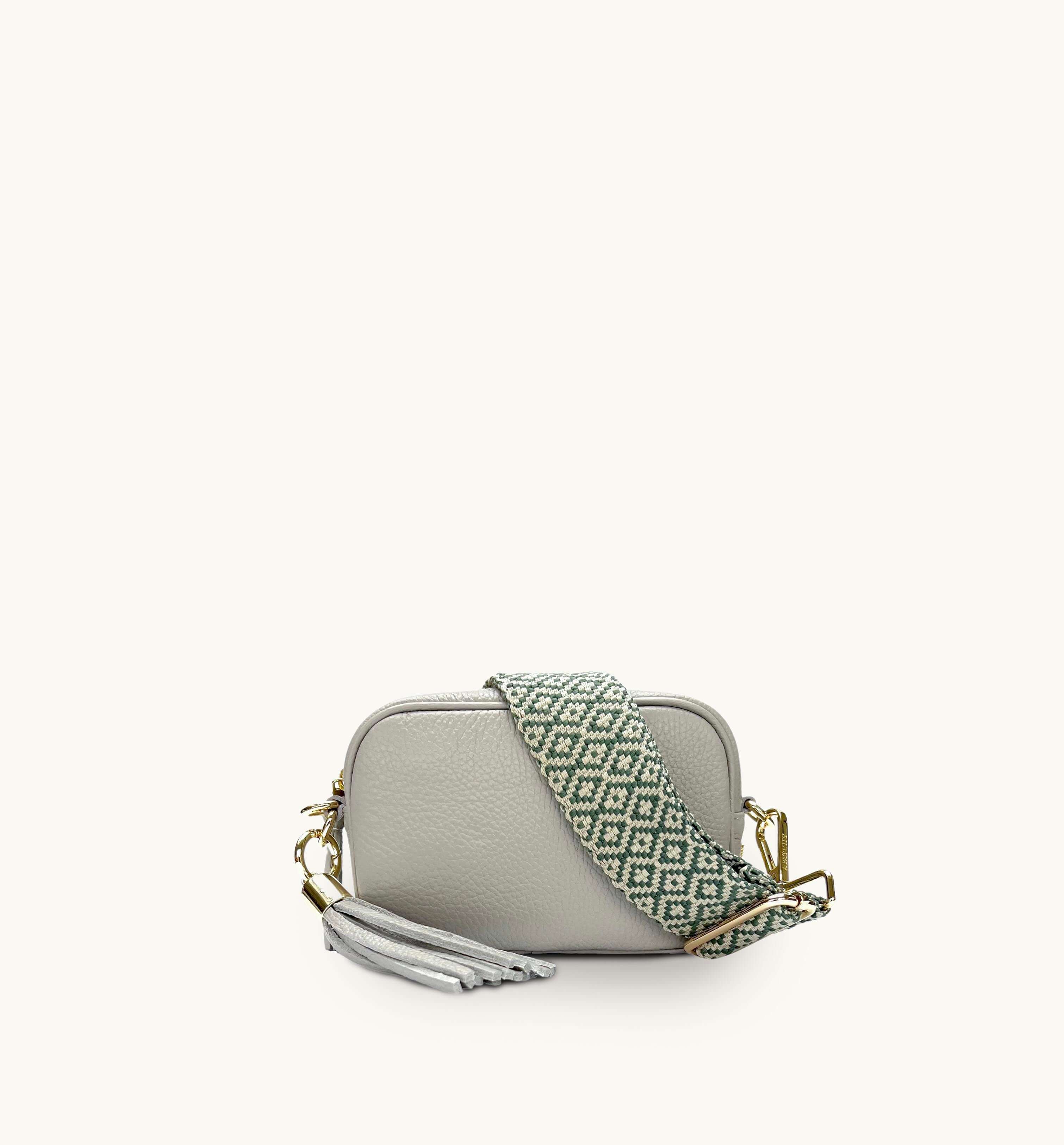 Apatchy Mini Light Grey Leather Phone Bag With Pistachio Cross-Stitch Strap