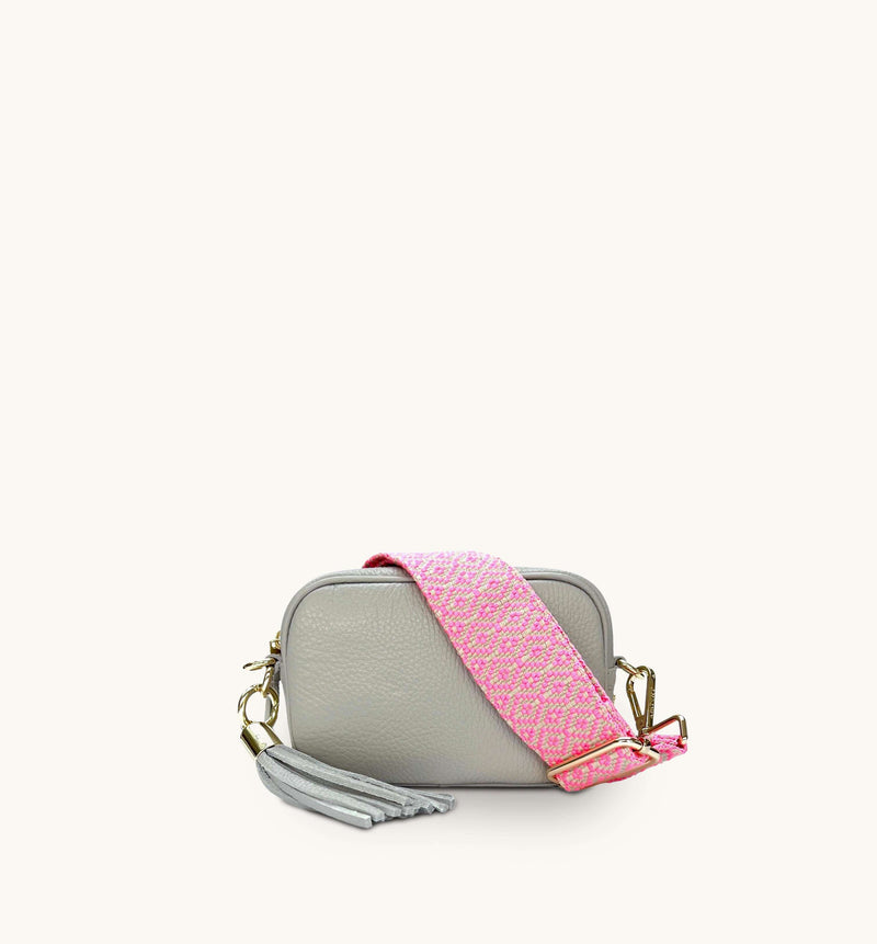 Apatchy Mini Light Grey Leather Phone Bag With Neon Pink Cross-Stitch Strap