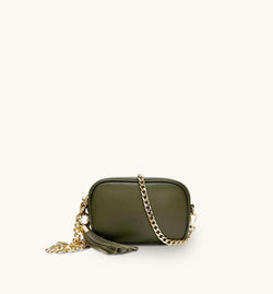 The Mini Tassel Olive Green Leather Phone Bag With Gold Chain Crossbody Strap