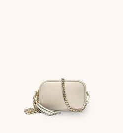 The Mini Tassel Stone Leather Phone Bag With Gold Chain Crossbody Strap