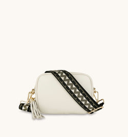 The Tassel Stone Leather Crossbody Bag With Olive & Black ZigZag Strap