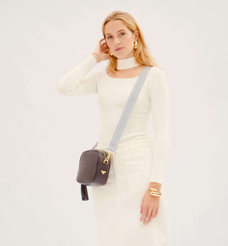 Navy Leather Crossbody Bag With Denim Blue Chevron Strap