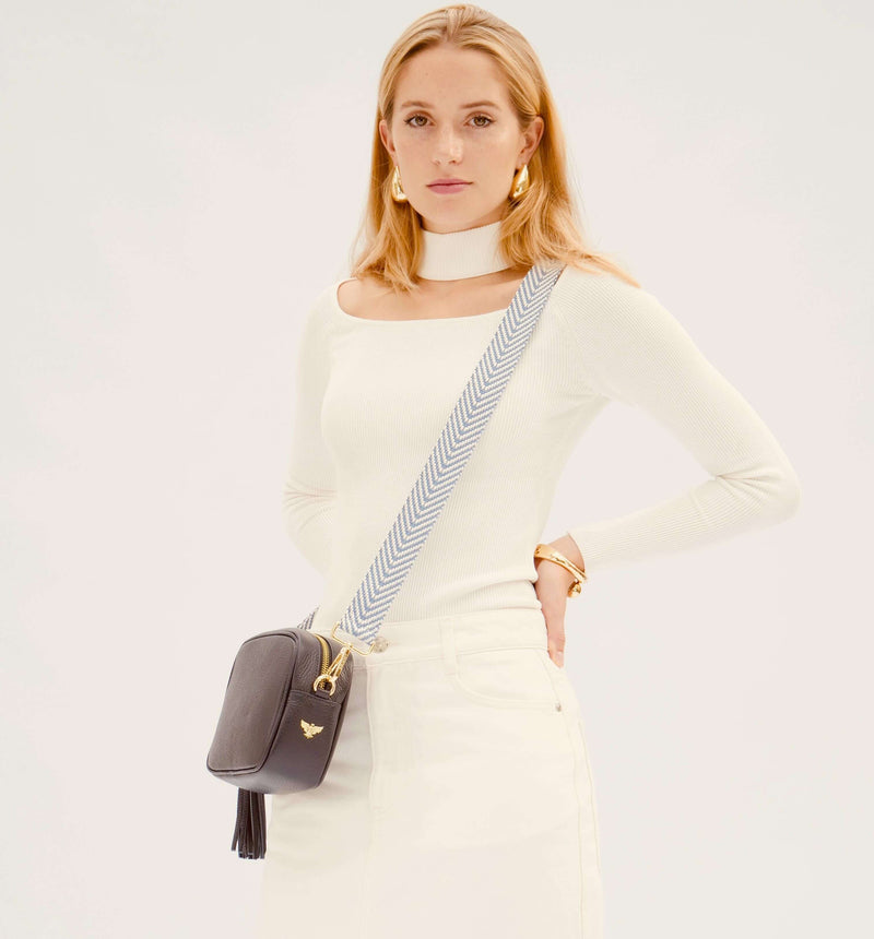 Navy Leather Crossbody Bag With Denim Blue Chevron Strap