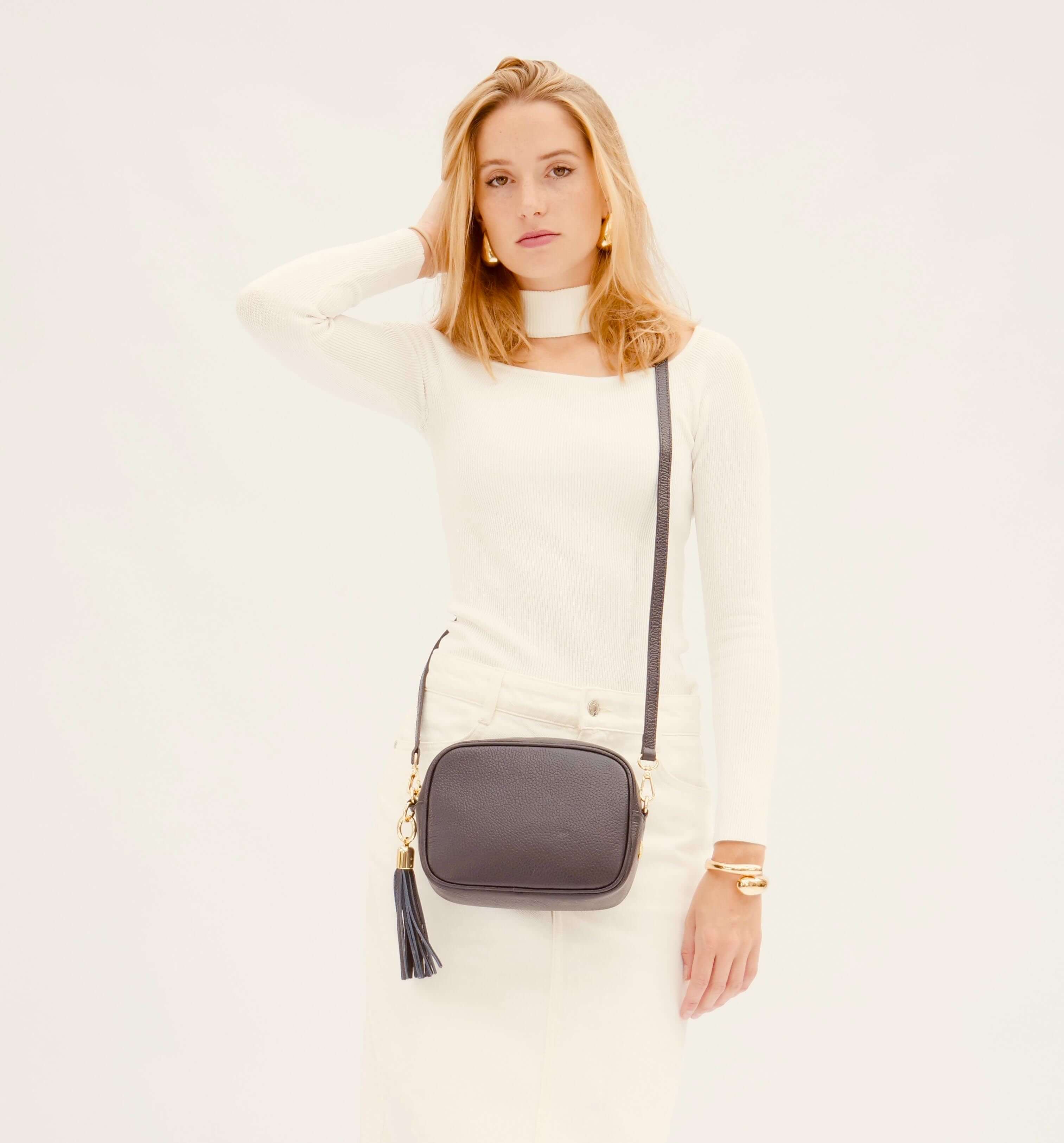 Navy Leather Crossbody Bag With Leather & Canvas Strap