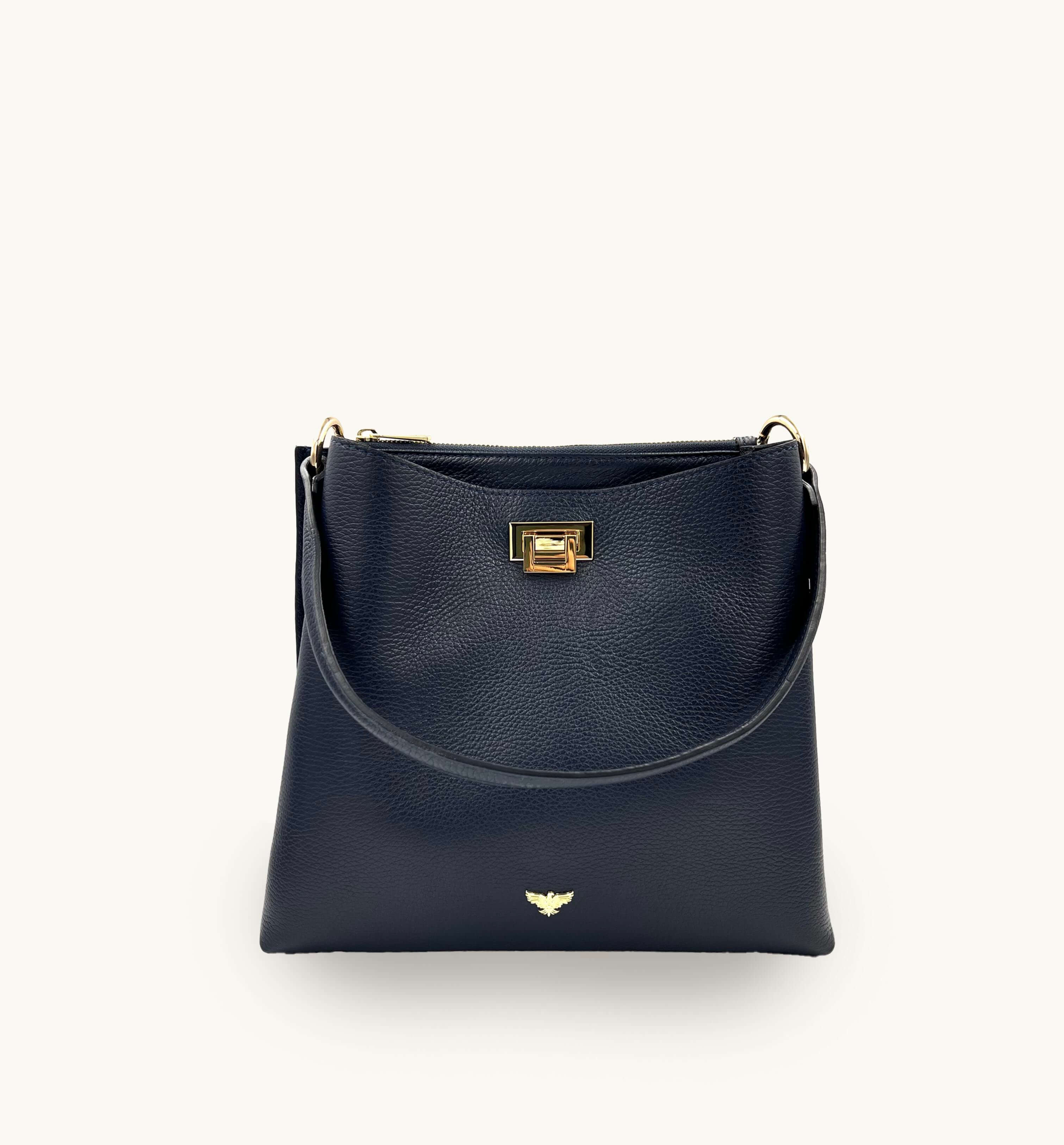 apatchy navy blue leather tote bucket shoulder bag for women