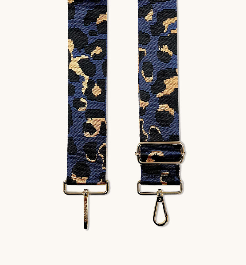Gold Leather Crossbody Bag With Navy Leopard Strap