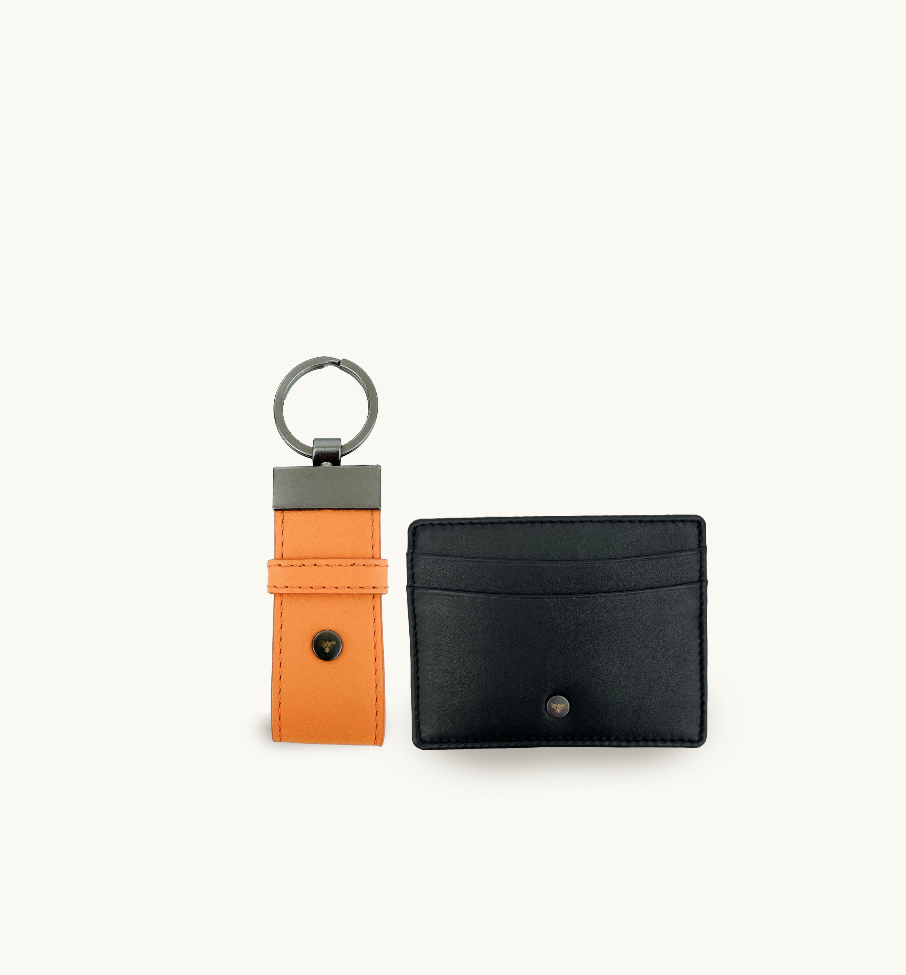 Orange Leather Loop Keyring and Black Cardholder Gift Set