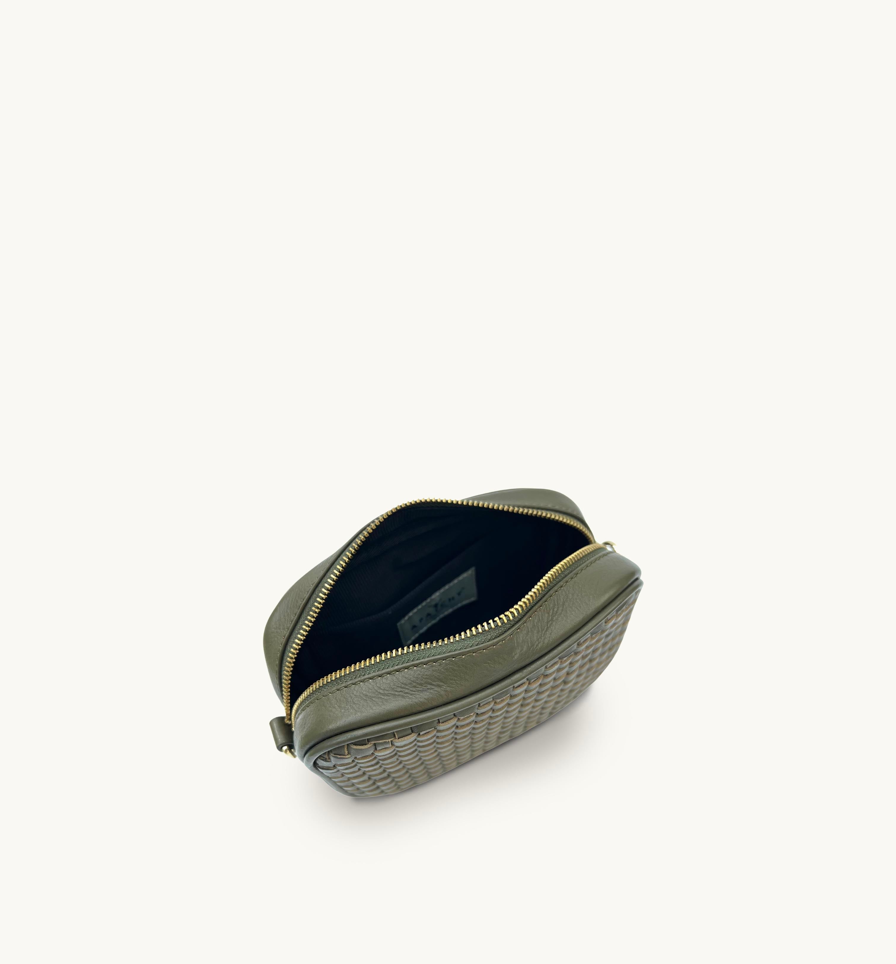 Inside view of the green leather woven bag