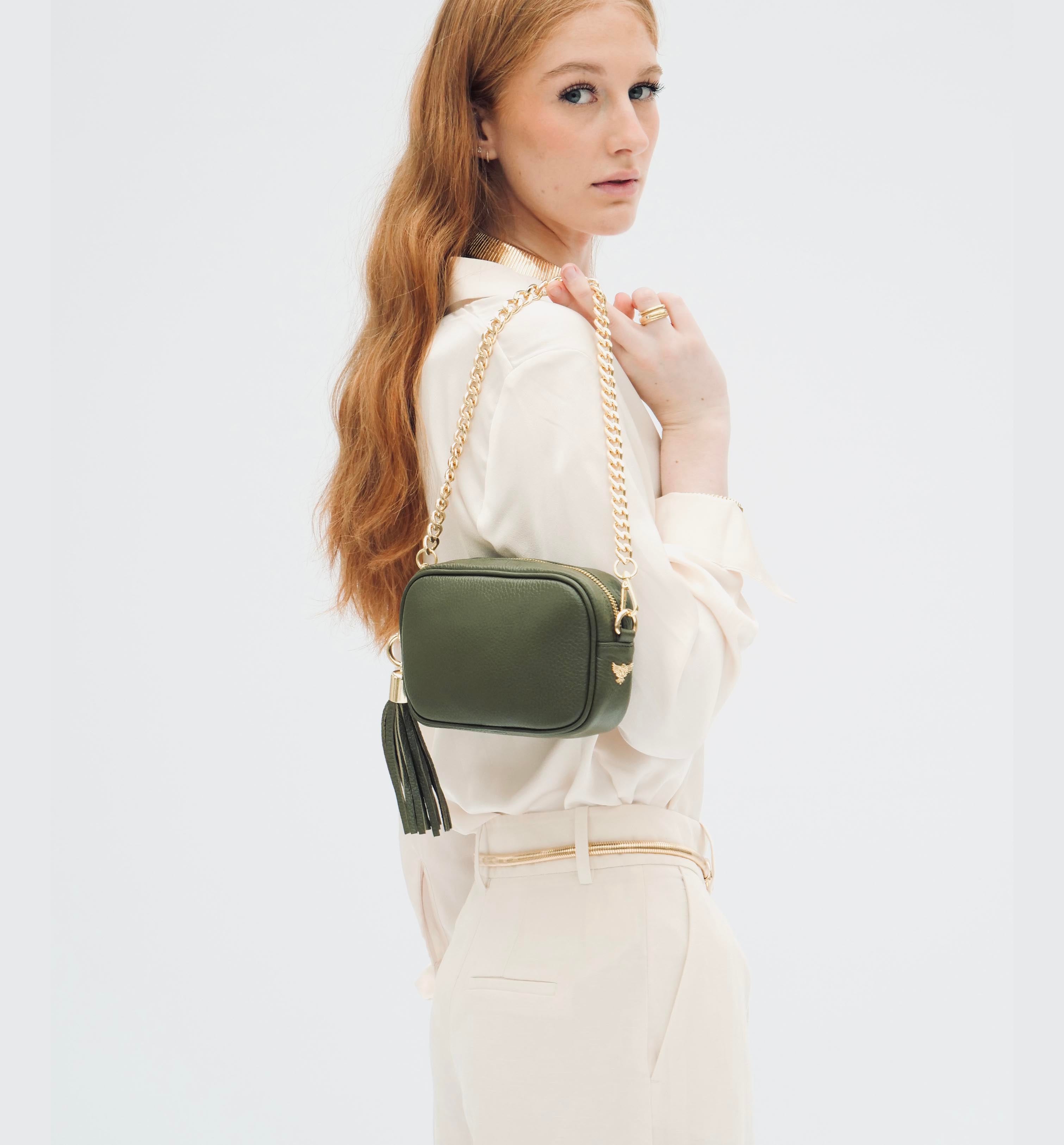 The Mini Tassel Olive Green Leather Phone Bag