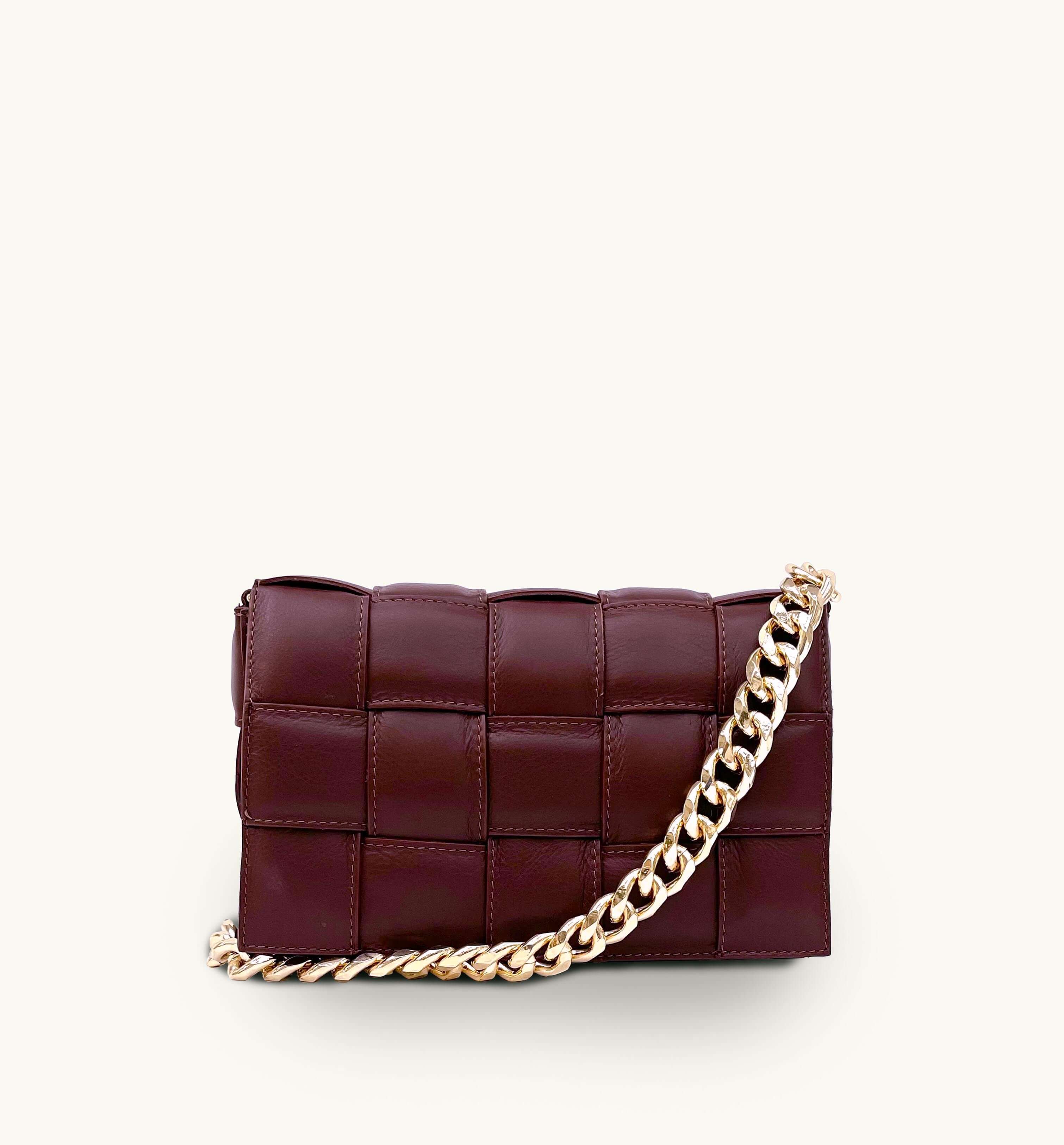 Burgundy Padded Woven Leather Crossbody Bag With Gold Chain Strap