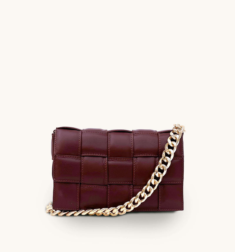 Burgundy Padded Woven Leather Crossbody Bag With Gold Chain Strap