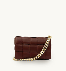 Apatchy Chestnut Padded Woven Leather Crossbody Bag With Gold Chain Strap