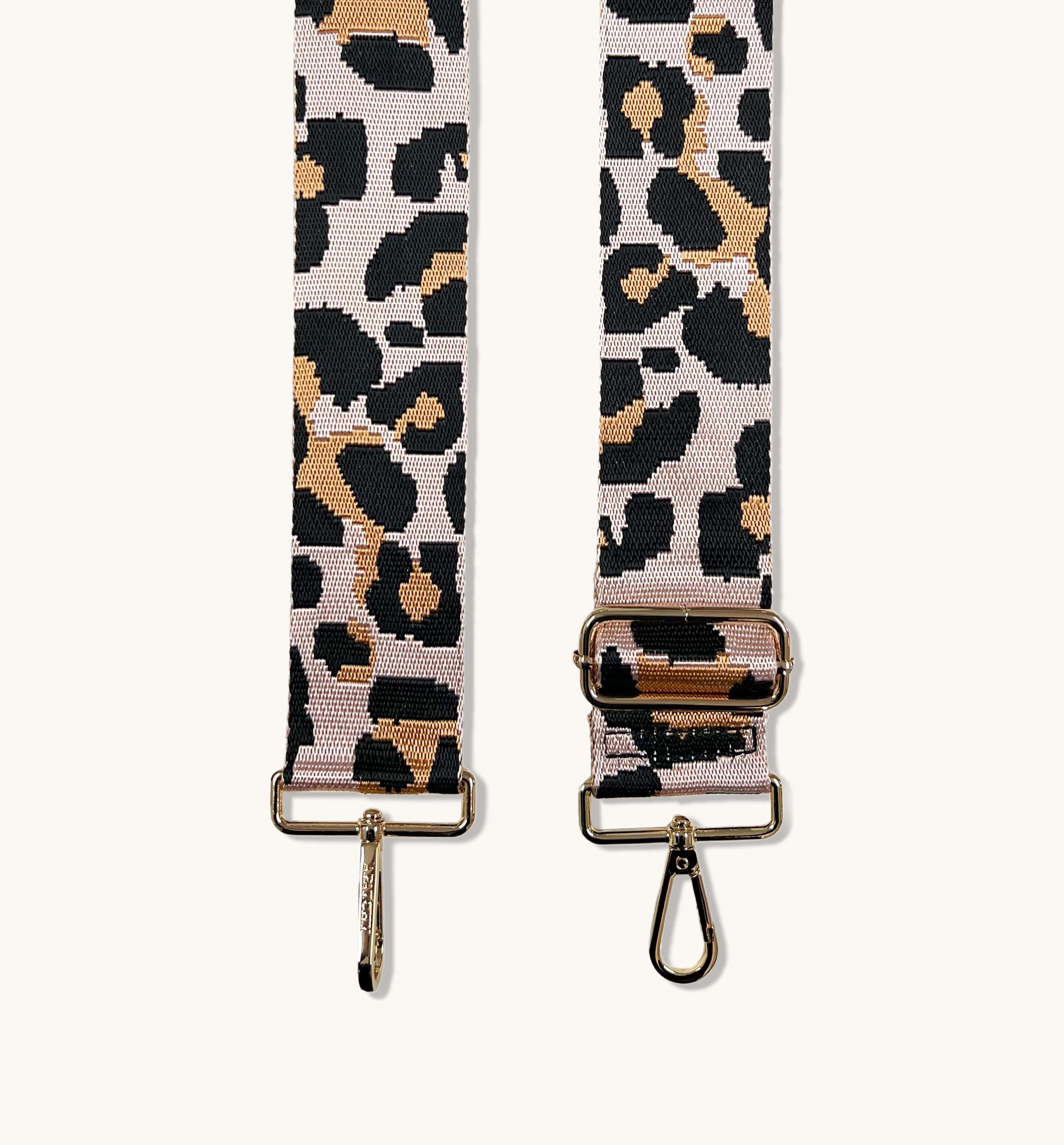 Black Leather Crossbody Bag With Pale Pink Leopard Strap
