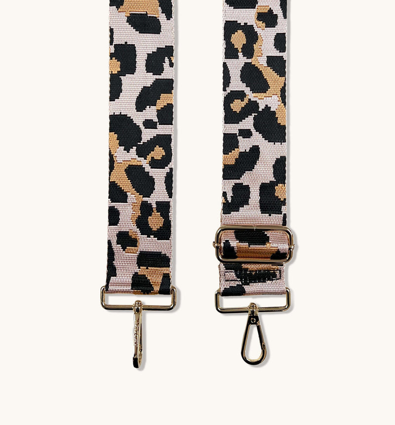The Mini Tassel Black Leather Phone Bag With Pale Pink Leopard Strap